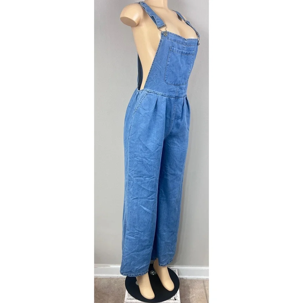 Denim Bib Overalls Women Medium Wide Leg Pleated‎ Blue Wash 90s Retro Boho READ